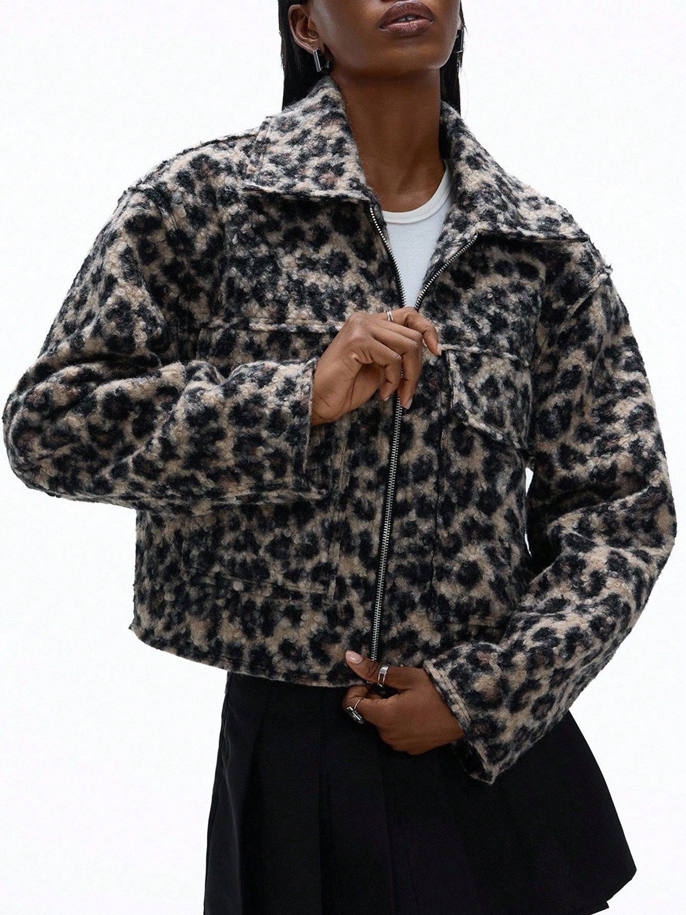 

Women s Gray Short Plush Jacket, Stand Collar Zip Front Cropped Outerwear L леопард друку кольору