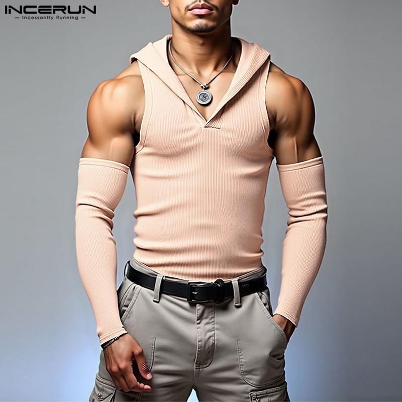 INCERUN Men Sleeveless Rib Casual Fitted Hooded Tank Tops with Oversleeve