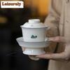 HOYIHM 111ml Retro Jade Mud White Porcelain Handpainted Gaiwan Zen Tea Tureen Tea Bowl With Lid Kit Tea Maker Cover Bowl Gifts