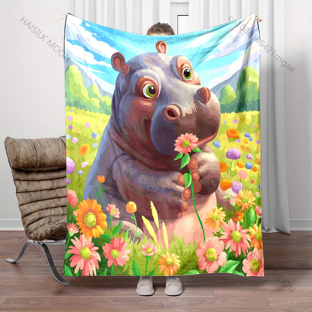 Cartoon Hippopotami and Flowers Pattern Blanket Warm Soft for Sofa Bed Home Travel Camping Blanket All Seasons Holiday Gifts