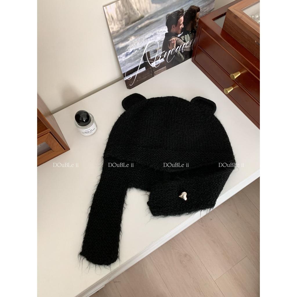 Double i i cute little ears knitted wool hat women's warm ear protection Lei Feng hat shows small face
