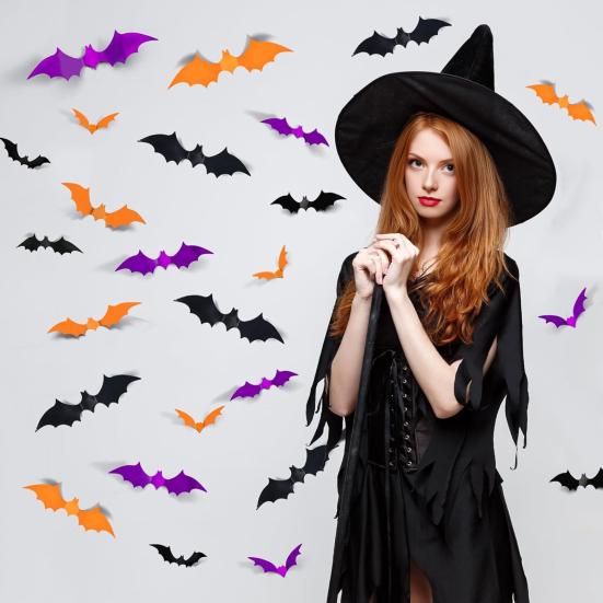 72/120Pcs 3D Bat Wall Stickers Realistic Pattern Easy to Install Wall Decals Halloween Decorations Party Supplies