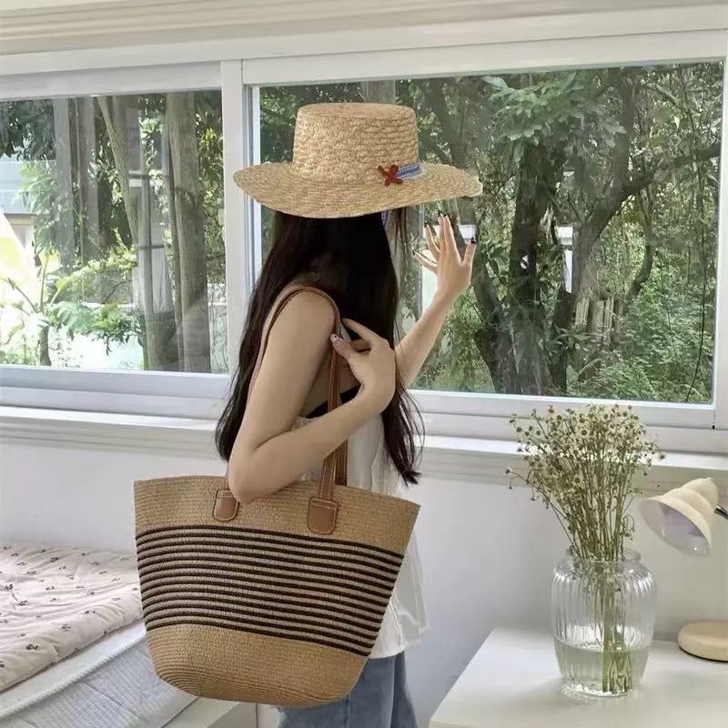 New French Flat-top Straw Hat Women's Big Head Circumference Seaside Beach Top Hat Woven Sun Hat Summer