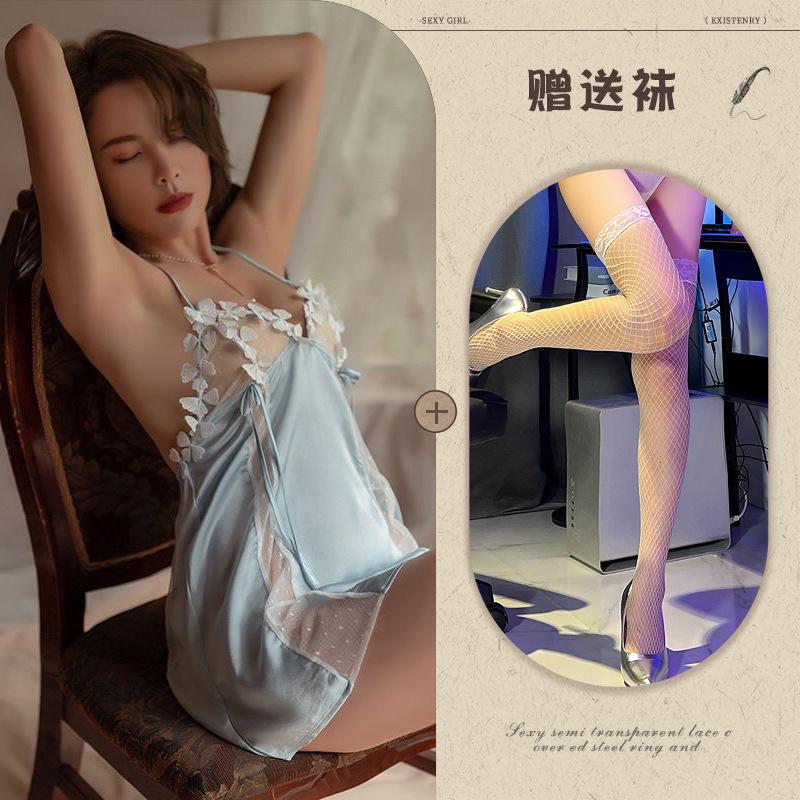 Sexy lingerie flower lace neck nightdress perspective temptation halter pajamas suit