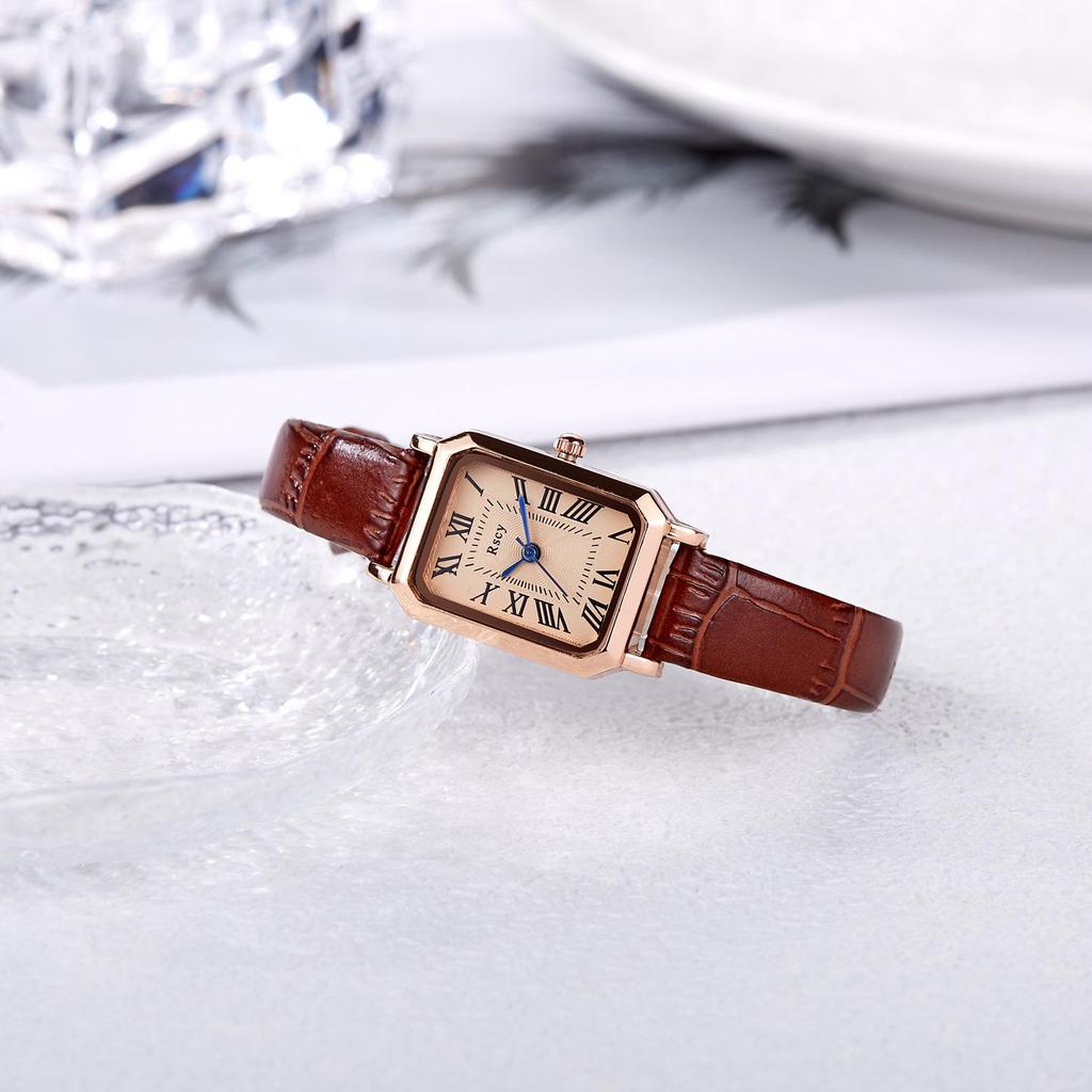 RSCY Retro Small Square Leather Strap Women's Waterproof Quartz Watch
