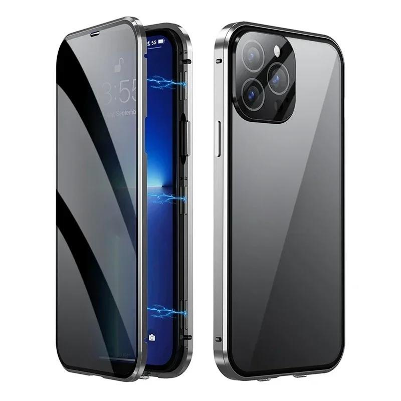 360° Volledige Bescherming Metalen Magnetisch Dubbelzijdig Glas Kliksluiting Privacy Hoesje Voor iPhone 17 16 15 14 13 12 Pro Max Plus 17E 16E