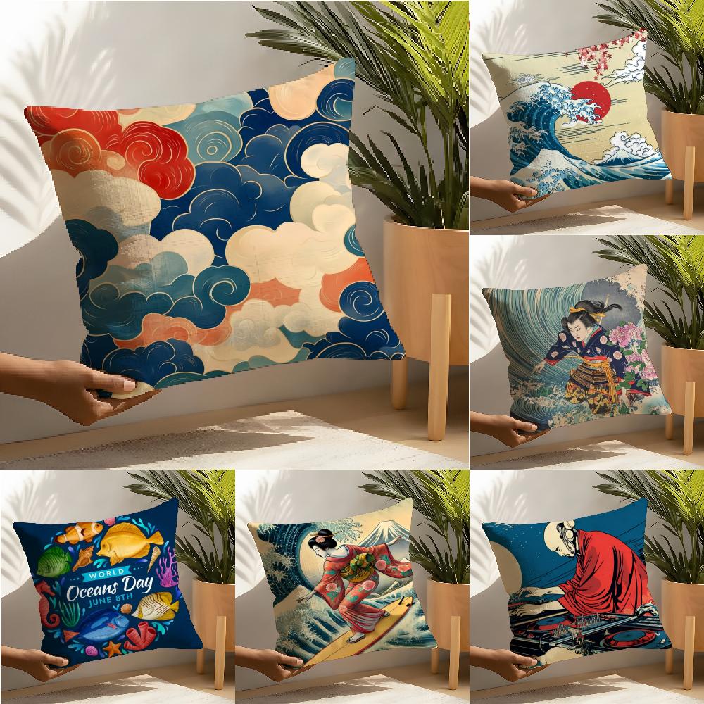 Classic Japanese Geisha Marine Day Pillow Case Linen Pillow Case Sofa Home Decor Cushion Cover Cushion Cove