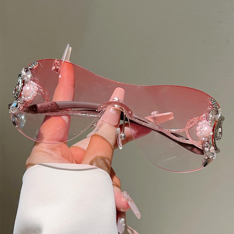 Rimless Y2k Sunglasses with Rhinestones Women Fashion Monoblock Outdoor Decor Shades Trendy Design Gradient Sun Glasses