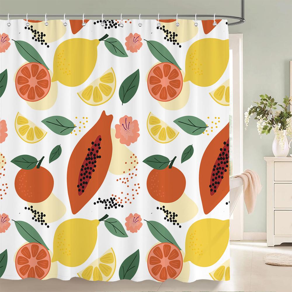 Summer Fruits Shower Curtain Cute Liner Peach Lemon Pineapple Orange Print Bath Curtain With Hooks Waterproof For Bathtub Decor