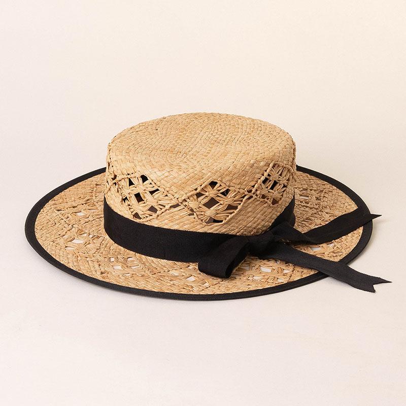 New Elegant Women'S Black Bow Straw Hat Hollow Woven Flat Top Sun Hats For Women Summer Beach Travel Beach Vacation Caps