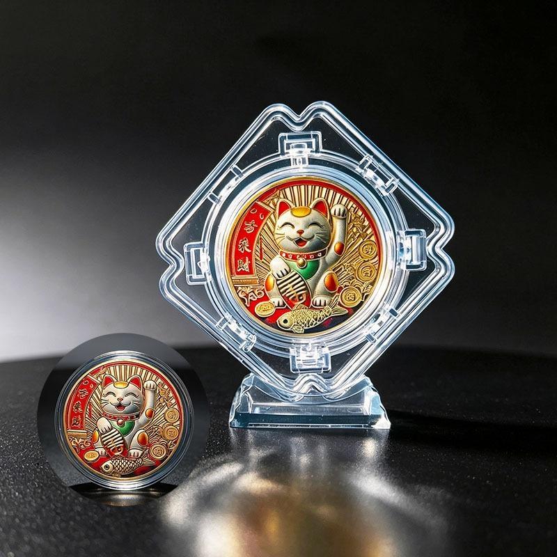 Cat Lucky Commemorative Coin Premium Metal Colored Souvenir Medal for Collection Party Favors Birthday Gift for Cat Lovers