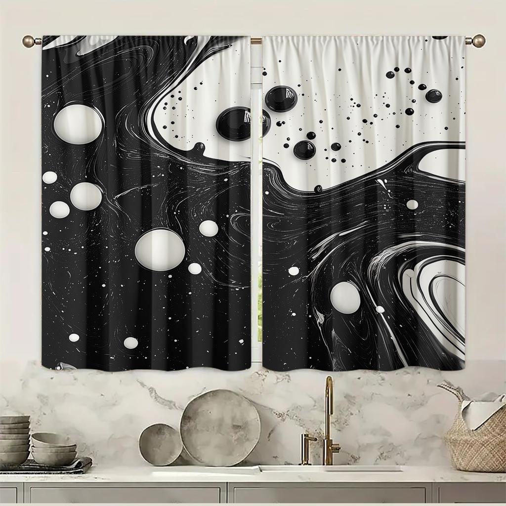2Pcs Art Deco Black And White Ink Pattern Printed Curtains, Light-Filtering Rod Pocket Peach Skin Velvet Drapes, Machine Washabl