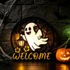 Rustic Pumpkin Door Decor Halloween Ghost Round Wooden Welcome Hanger Wall Plaque Tiered Tray Ornaments with Rope Hanging for Front Living