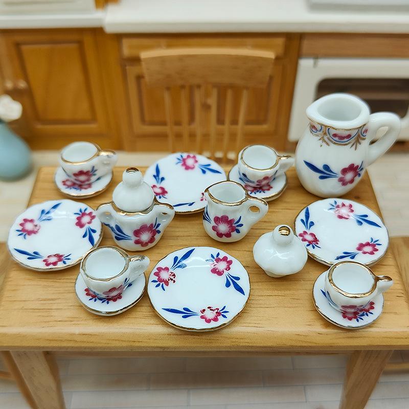 15Pcs Desk Top Mini Doll House Accessories Ceramic 7 Styles China Tea Cup Pocket Tea Set For Dollhouse Decor Kids Pretend Play