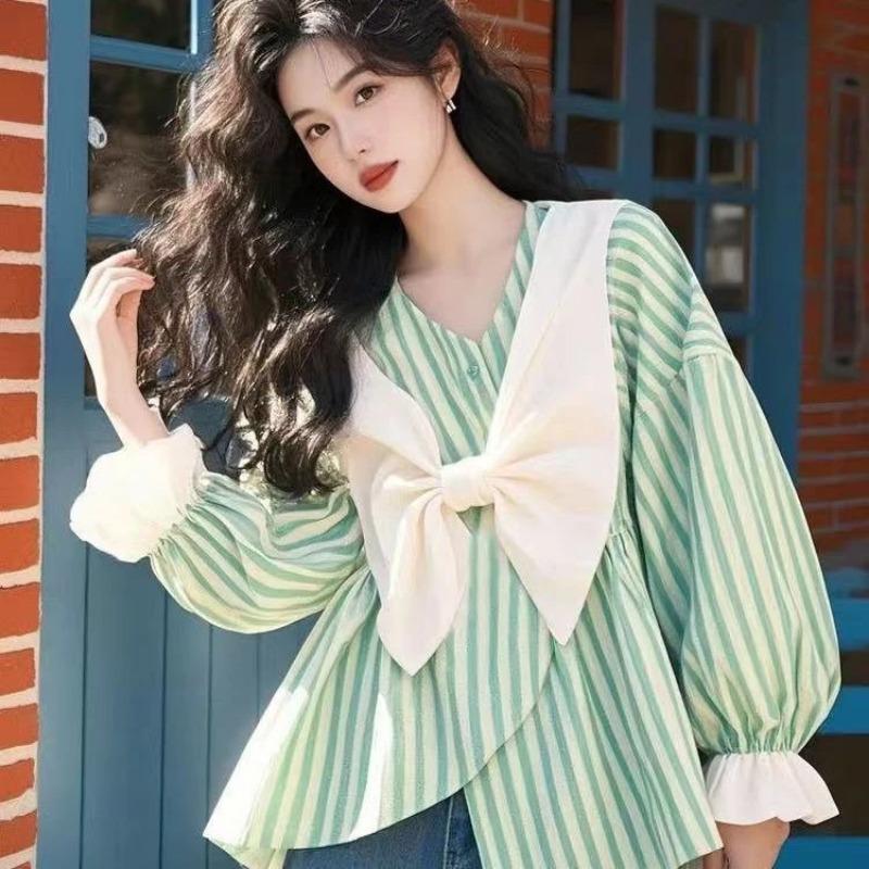 Французская полосатая рубашка с бантом Весна и Осень Свободный повседневный кардиган Топ L зелёный