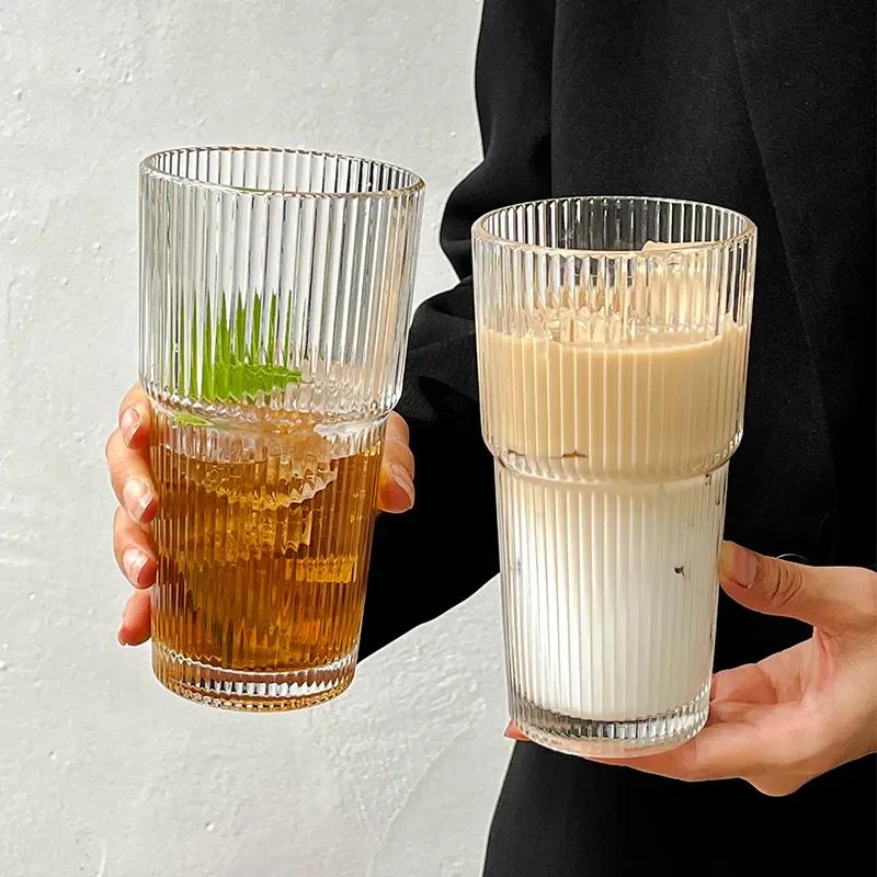 600ML Stripe Glass Coffee Cup With Lid and Straw Transparent Drinking Glasses for Juice Milk Tea Cups Iced Coffee Mugs Drinkware