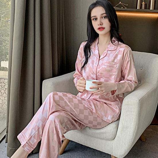 Womens Satin Pajamas Set Button Down Long Sleeve Top And Long Pants Sleepwear Set Oversized