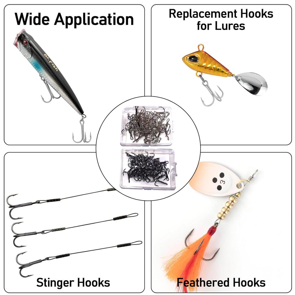 50Pcs/box Sharp Treble Fishing Hooks Set High Carbon Steel Barbed Wide Gap Round Bend Hooks for Lures/Baits Sizes 2#-14#