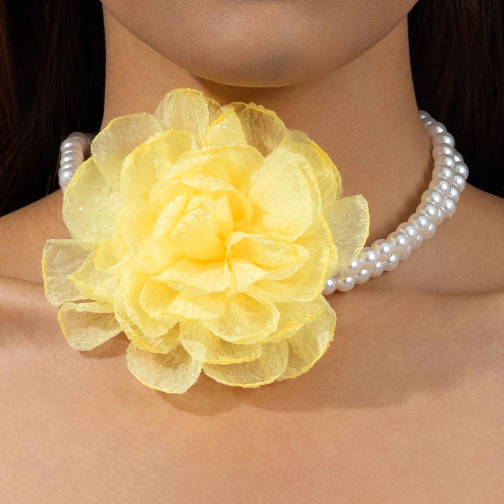 Accessories, French Elegant Pearl Necklace, Sweet Fabric Mesh Flower Collarbone Chain Necklace