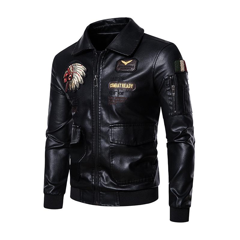 New Men's Pu Leather Jacket Men's Lapel Embroidered Motorcycle Jacket Spring and Autumn Men's Casual Trendy Leather Jacket