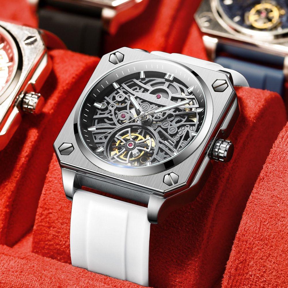 High-End Herrenuhr Skelett Mechanische Uhr Luxus Quadratisch Edelstahlarmband Automatisch Selbstaufziehend Wasserdicht Lumin