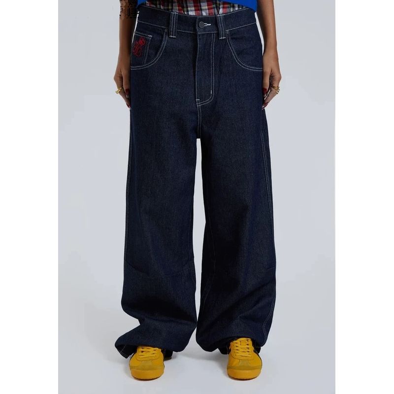 

Jaded London Union Flag Print Embroider Offset Printing Larger Loose Wide Leg Straight Denim Pants Female Summer Denim L