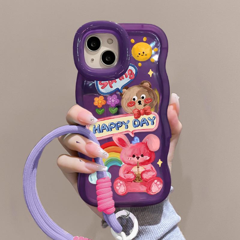 Graffiti Bear Lanyard for Apple 16promax Mobile Phone Case Huawei P70 Cute Xiaomi 15 Silicone 14 Bracket X