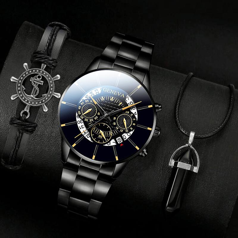 

3 шт./набор, 1 шт. модные мужские деловые часы с ремешком из нержавеющей стали, кварцевые наручные часы, 1 шт. браслет, 1 шт. ожерелье, мужские подарки