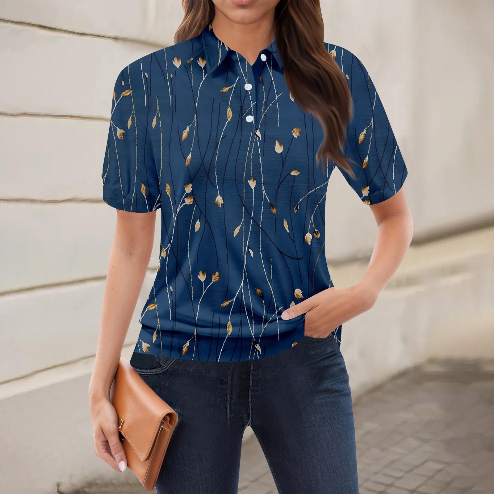 

Жіноча повсякденна футболка з V-подібним вирізом і короткими рукавами з квітковим принтом і декоративними ґудзиками M Темно-синій