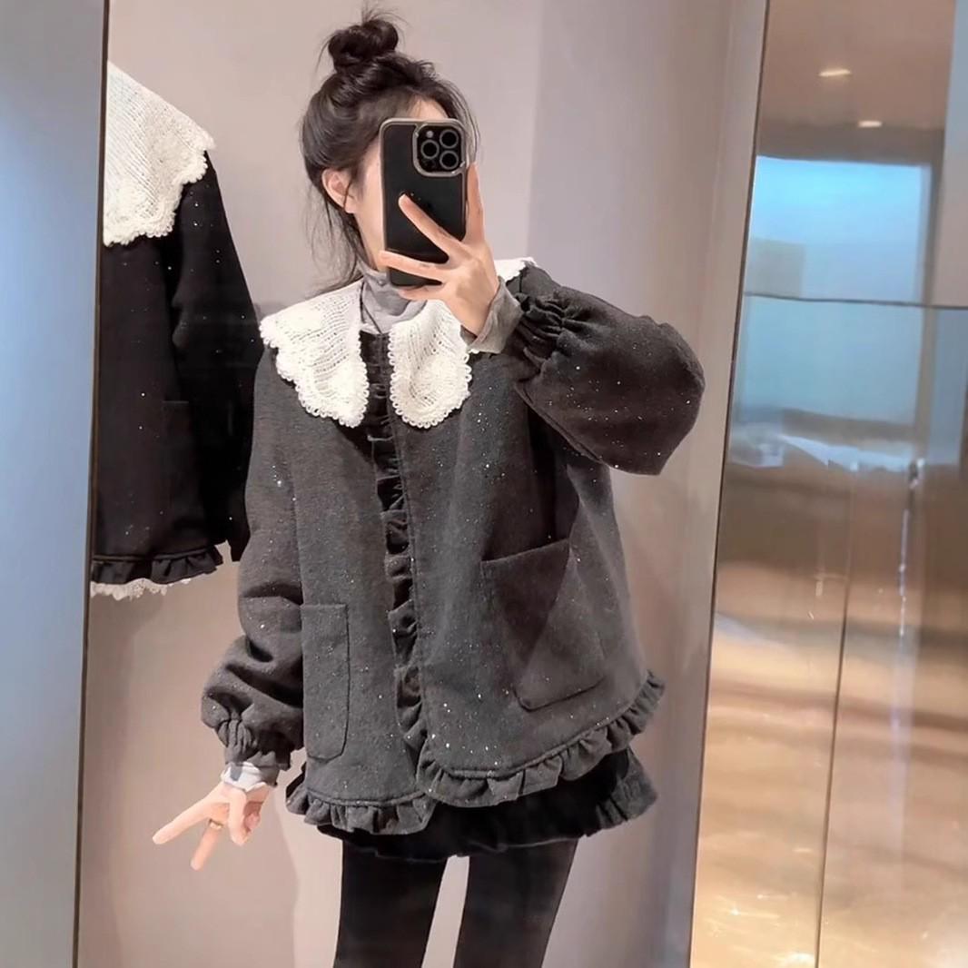 

Корейская короткая куртка с хлопковой подкладкой и оборками для женщин - Зима 2024, Маленький размер L серый