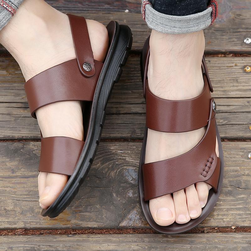 Fashion Mens Fashion Summer Shoes New Outdoor Leather Sandals Non-slip Beach Flats Dual-Purpose Male Slippers Travel Open-toe  Half Drag