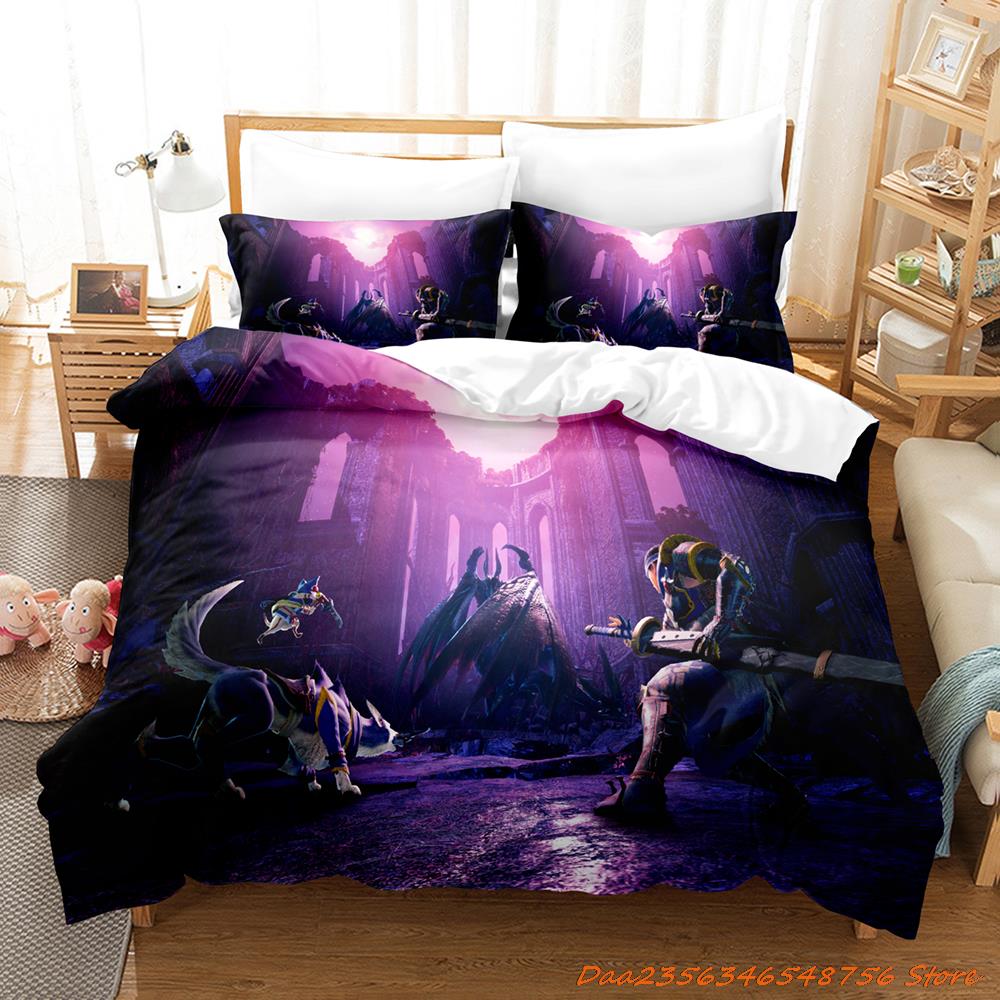 Comforter Personelity Monster Hunter Rise Bedding Set Cartoon Anime Three-Piece Set Adult Kid Bedroom Three-Piece Suits 3D Game Monst