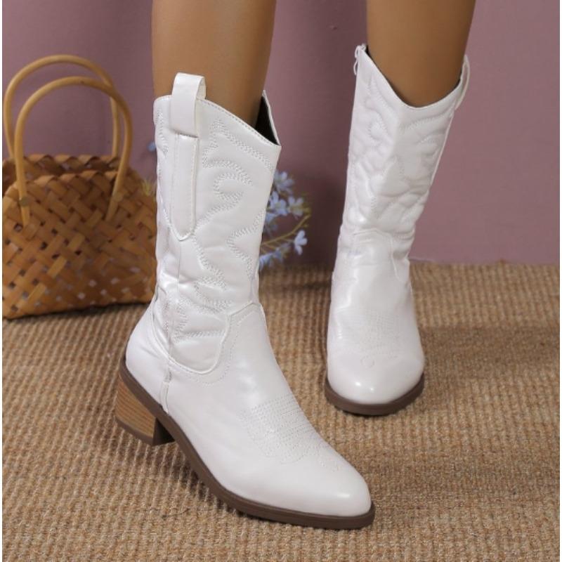 

Fashion New Silver Metallic Cowboy Boots for Women Pointed Toe Wide Calf Western Boots Zip Embroidered Stacked Heel Wedding Spring Shoes 36 білий