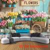 2D Blumenmarkt-Kulisse mit blauen Eimern, Tulpen und Rosen Hintergrund