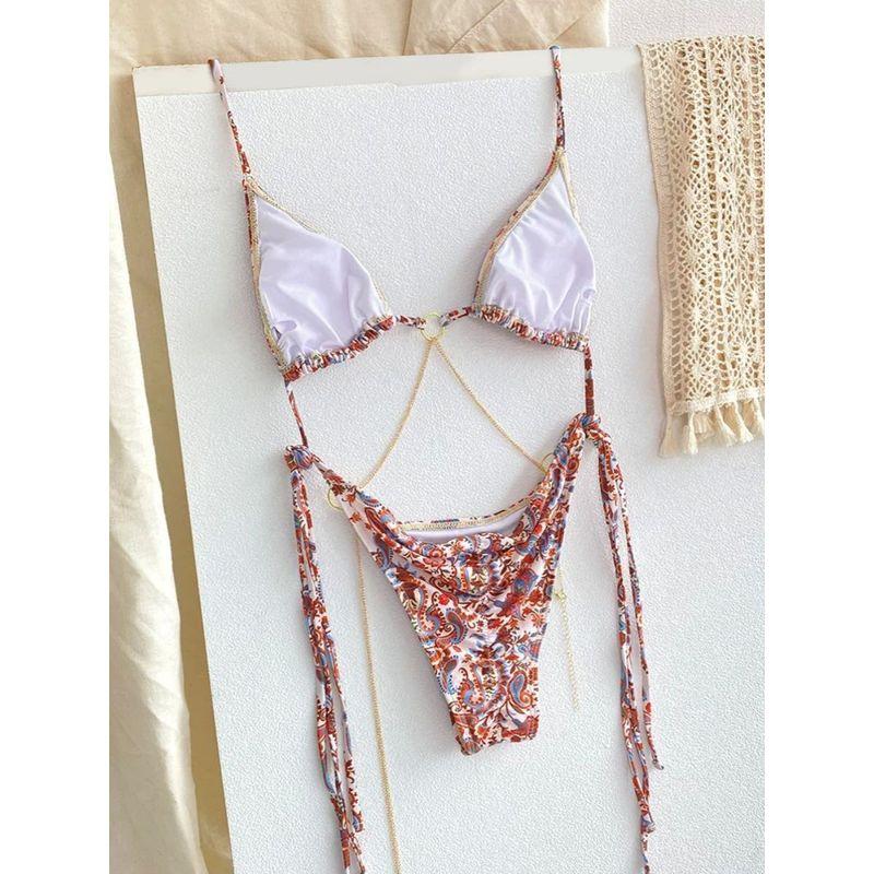 Open Back Printed Lace Up Swimsuit Set Backless Print String Bikini Set