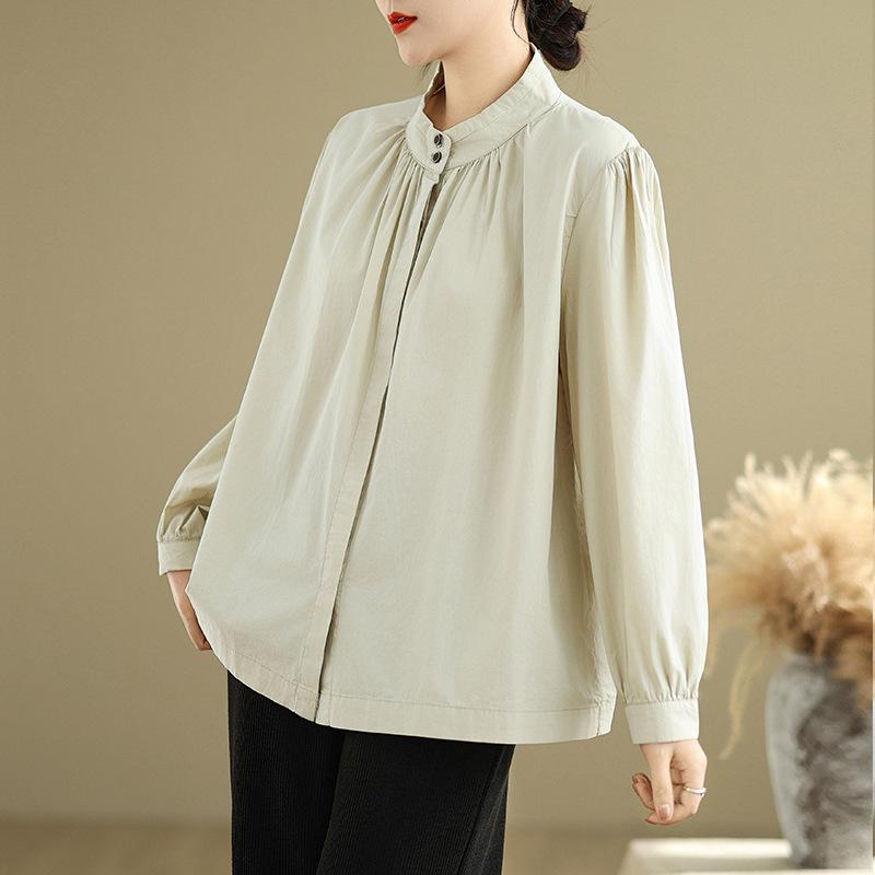 Spring Literature Loose Solid Color Stand Up Collar Lantern Sleeves Long Sleeved Shirt Women's Shirt Top Blouses & Shirts