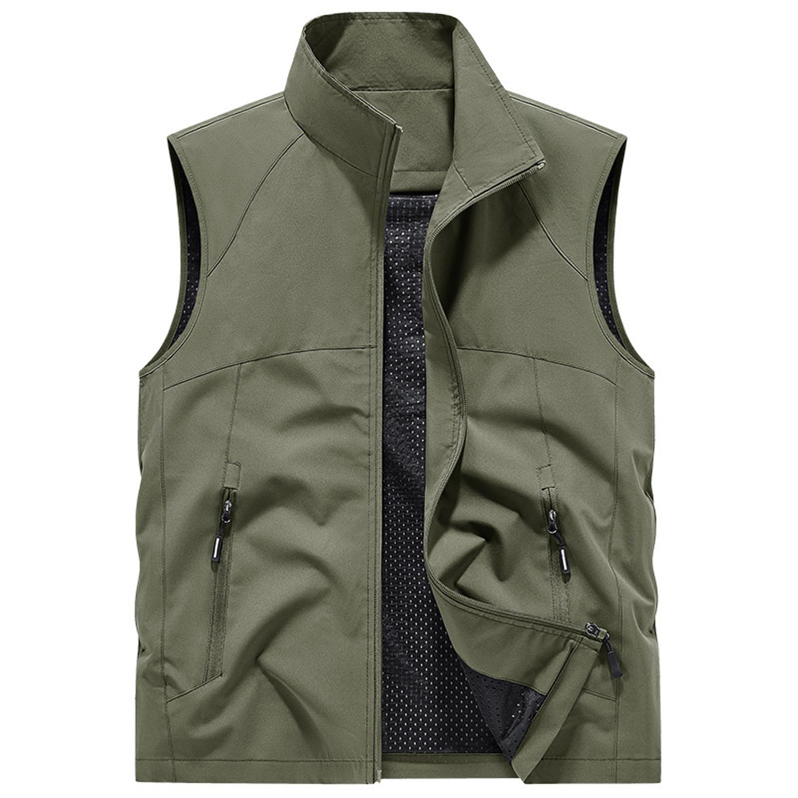 

Men s Summer Multi-Functional Pocket Fishing And Hiking Vest: Lightweight Sleeveless Stand-Up Collar Jacket L армия зеленый