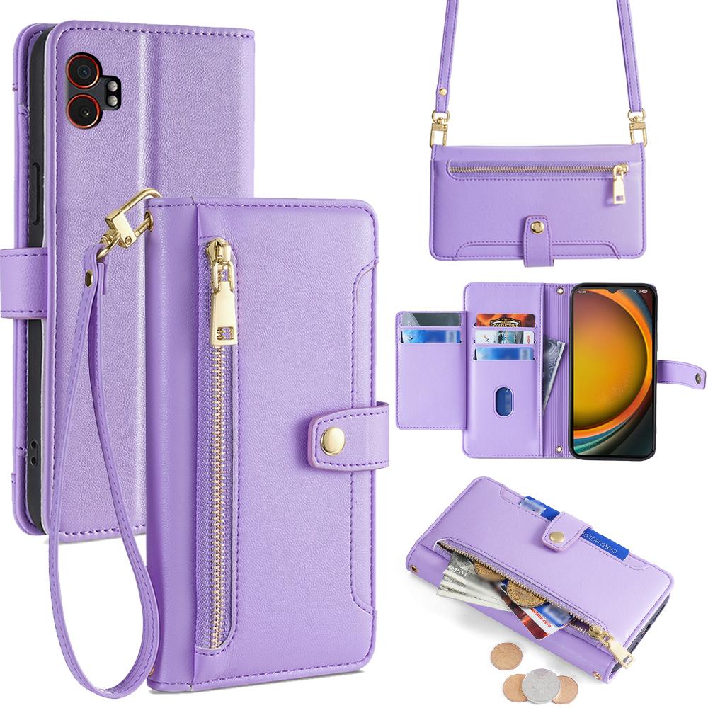 For Samsung Galaxy XCover7 Pro Leather Case Zipper Pocket Wallet Phone Cover with 2 Straps
