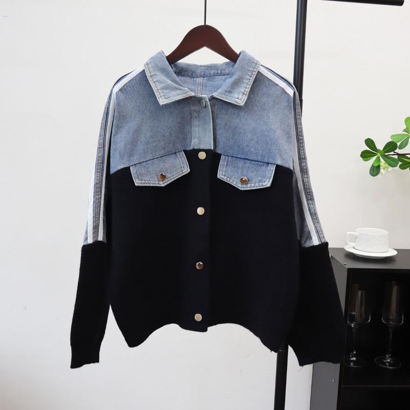 Fashion Denim Splicing Sweater Jacket Autumn and Winter New Design Sense Loose Casual Versatile Knitted Cardigan Women