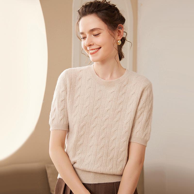 Women's Thick Short-Sleeved Cable Knit Cashmere Sweater - Round Neck Pullover, Autumn/Winter Top