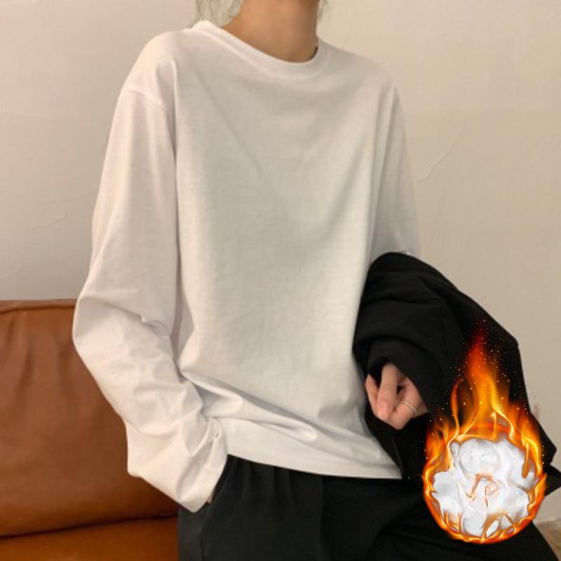 

Белый Плюс Флис Теплая Подкладка Женская Осень и Зима Новая Корейская Женская Одежда со Студентами Футболка с Длинным Рукавом Женская Мода 2XL