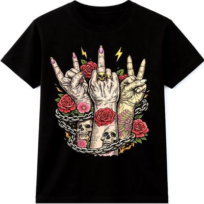 Rock Hand Totenkopf T-Shirt Rosen Tattoo Stil Gothic Punk Biker Grafik T-Shirt