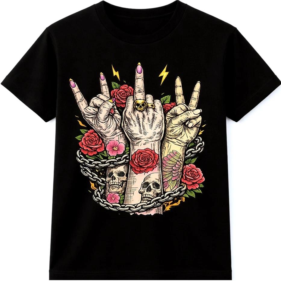 Rock Hand Skull T Shirt Roses Tattoo Style Gothic Punk Biker Graphic Tee S
