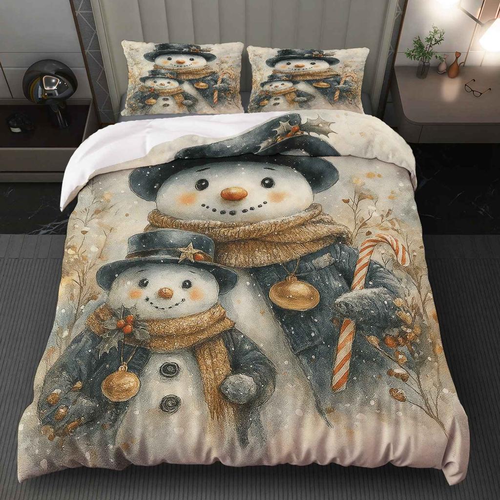 3pcs Festive Snowman Christmas Duvet Cover Set - Cozy Winter Theme with Zipper Closure, Machine Washable Polyester
