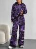 European, American autumn and winter blue splicing flower casual long-sleeved suit women's hooded sweater trousers two-piece set