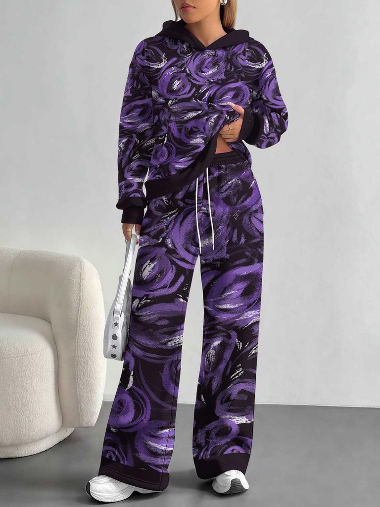 European, American autumn and winter blue splicing flower casual long-sleeved suit women's hooded sweater trousers two-piece set