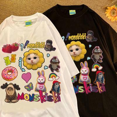 Harajuku T-shirt Casual Couple Tops Tees Summer Women's Tshirts Hip Hop Funny Cute Cat Graphic Print T Shirts 2024 Streetwear