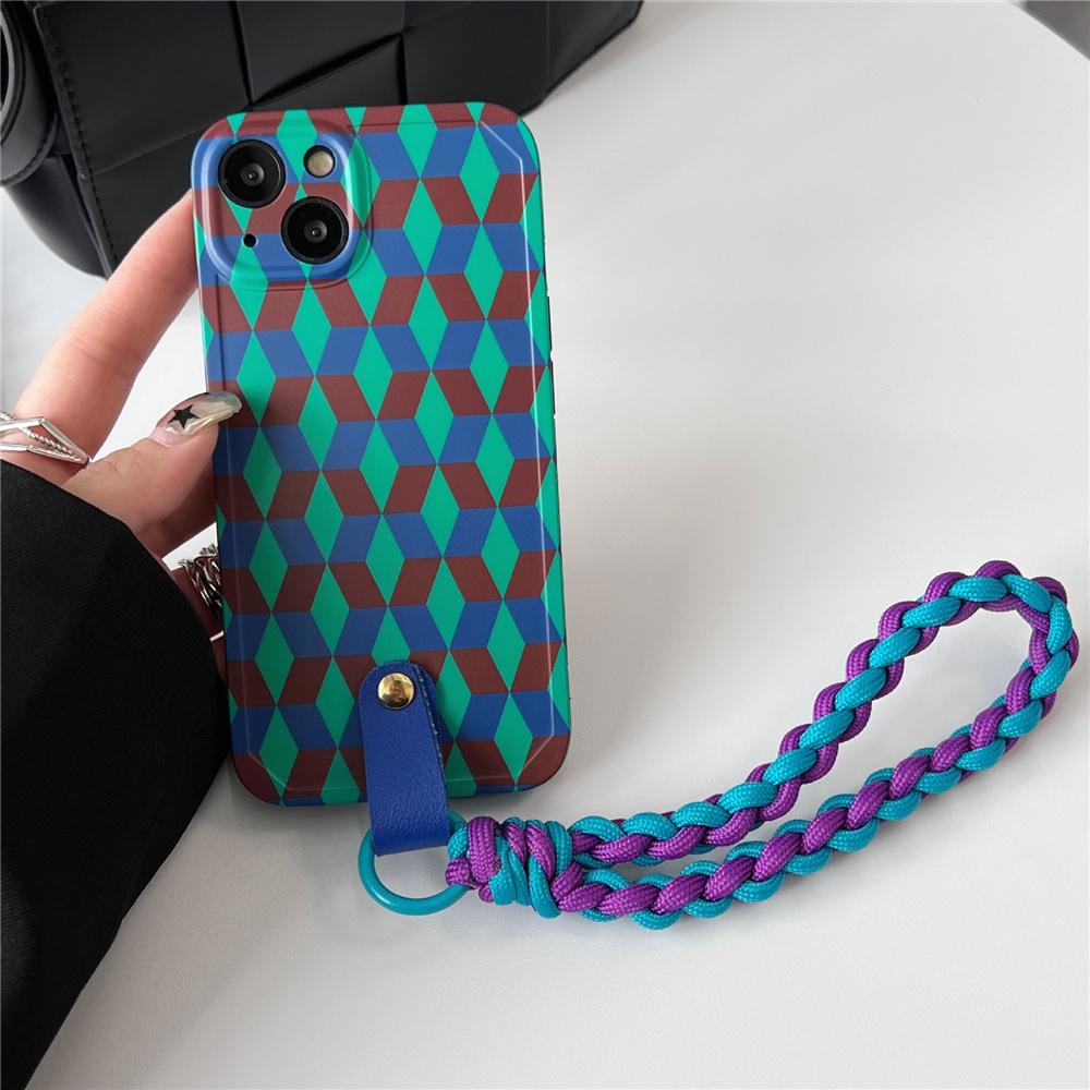 

Dustproof Phone Cover for iPhone 14 Plus,Splicing Rhombus Pattern TPU Phone Case with Wrist Strap A