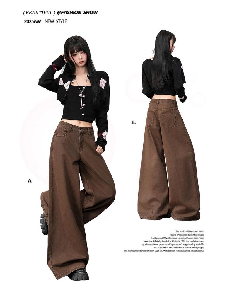 Melard Brown Wide-Leg Jeans: Women's 2026 Spring Loose Drape Casual Pants