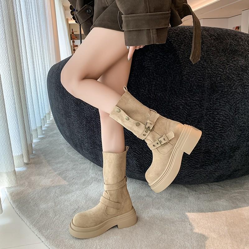 Fashion Fashion Belt Buckle Women Mordern Boots Design Height Increase Shoes Autumn Winter Women's Mid Calf Booties